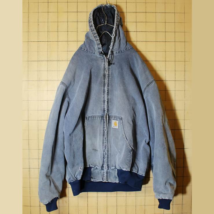 ビッグサイズ 80s USA製  Carhartt カーハート アクティブ ジャケット カバーオール ネイビー ダック 裏キルティング XXL フーディー 古着