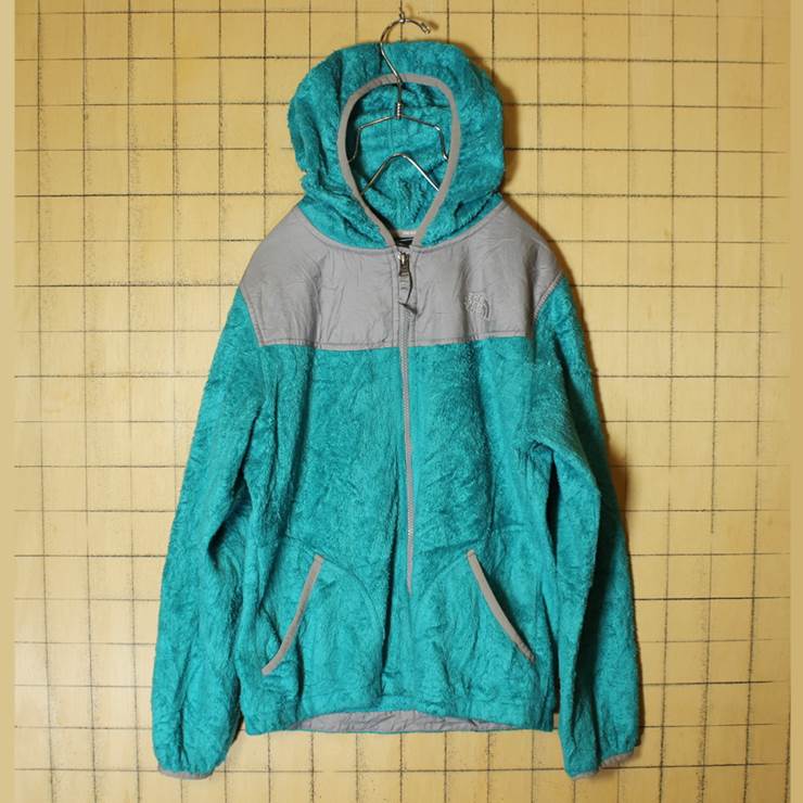 THE NORTH FACE ノースフェイス ボア フリース パーカー ジャケット エメラルドグリーン キッズL レディースSM相当 古着 インナー フード