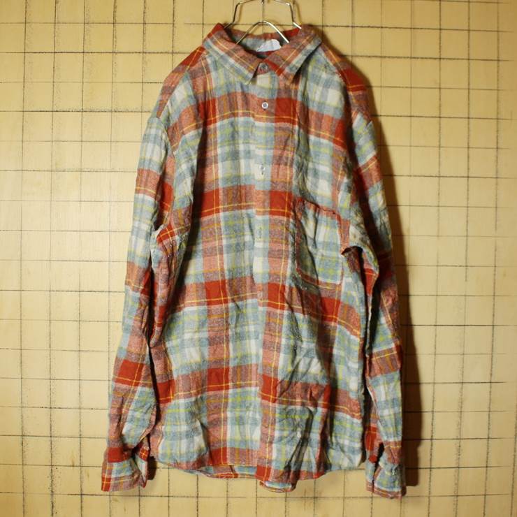 イタリア製 ウール レッド チェック シャツ 長袖 メンズL OK-OK ワーク 古着