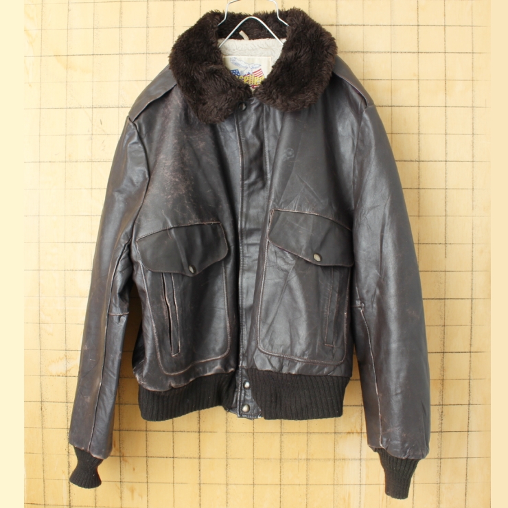 80s USA製 Excelled G-1タイプ ボアライナー レザージャケット メンズL相当 ブラウン アメリカ古着