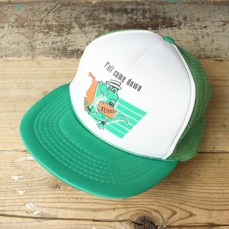 80s 90s USA Y’all come down FLORIDA メッシュ キャップ 帽子 グリーン フリーサイズ アメリカ古着