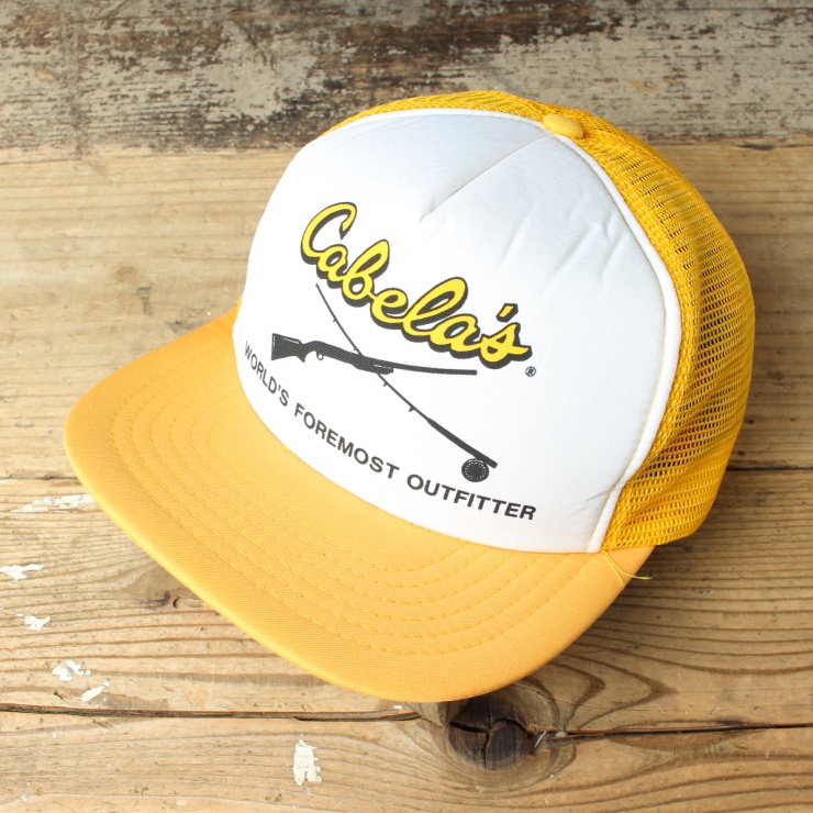 90s USA Cabela's メッシュ キャップ 帽子 イエロー フリーサイズ アメリカ古着