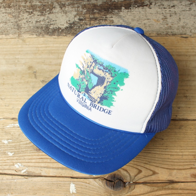 80s 90s USA NATURAL BRIDGE VIRGINIA メッシュキャップ 帽子 ブルー フリーサイズ アメリカ古着