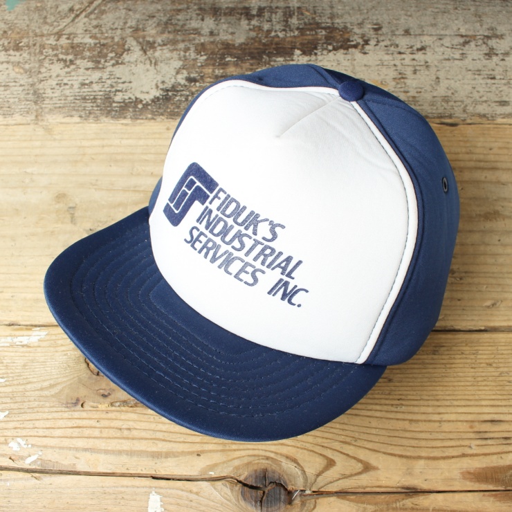 80s 90s USA FIDUK'S INDUSTRIAL SERVICES メッシュキャップ 帽子 ネイビー ブルー フリーサイズ アメリカ古着