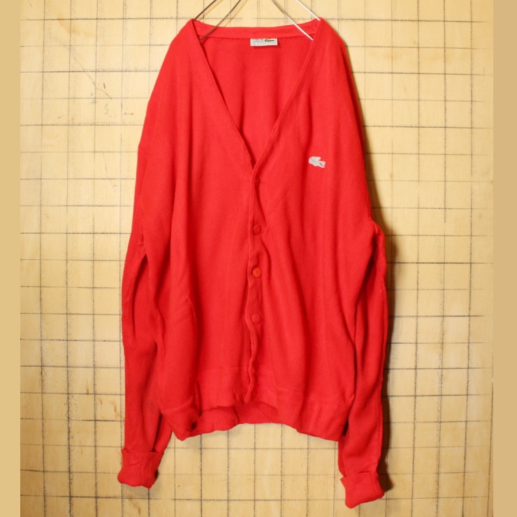ビッグサイズ 70s 80s SPAIN製 フレンチラコステ LACOSTE アクリル ニット カーディガン レッド メンズXL ユーロ ヨーロッパ古着