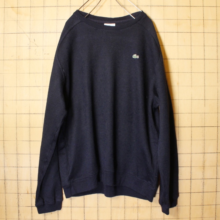 フレンチ ラコステ LACOSTE ウール ニット セーター ネイビー ブルー メンズL相当 クルーネック ヨーロッパ古着
