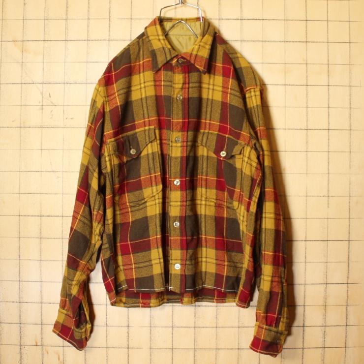 60s 70s USA製 PENDLETON ペンドルトン ウール チェック シャツ 長袖 イエロー ブラウン メンズSM相当 アメリカ古着