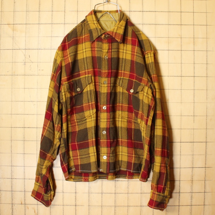 60s 70s USA製 PENDLETON ペンドルトン ウール チェック シャツ 長袖 イエロー ブラウン メンズSM相当 アメリカ古着