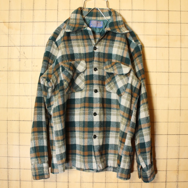 70s USA製 PENDLETON ペンドルトン ウール チェック オープンカラー シャツ 長袖 グリーン ブラウン メンズM ボックス 開襟  アメリカ古着