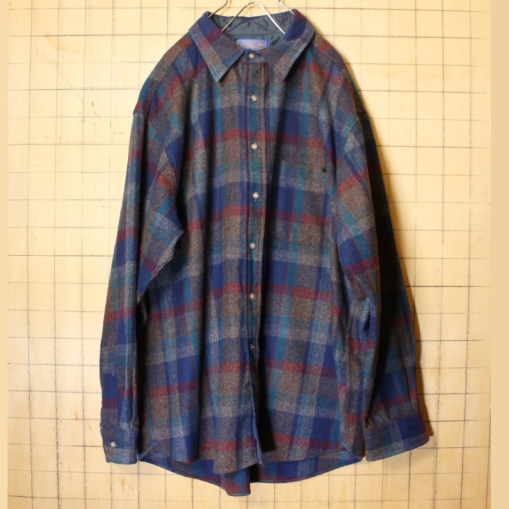 80s USA製 PENDLETON ペンドルトン ウール チェック シャツ 長袖 ネイビー グリーン メンズXL アメリカ古着