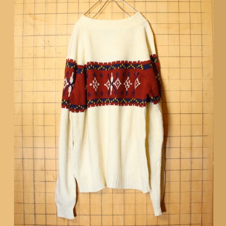 70s 80s JCPenney アクリル ニット セーター ホワイト ブラウン メンズXL ノルディック ハイネック アメリカ古着 121521aw55