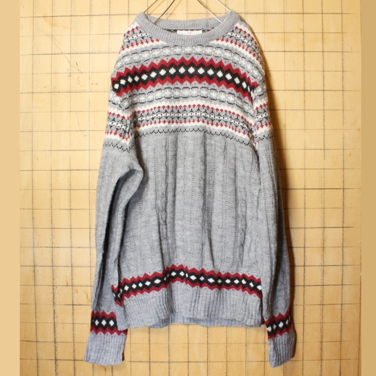 70s 80s USA製 Jantzen アクリル ニット セーター グレー メンズL ノルディック クルーネック アメリカ古着
