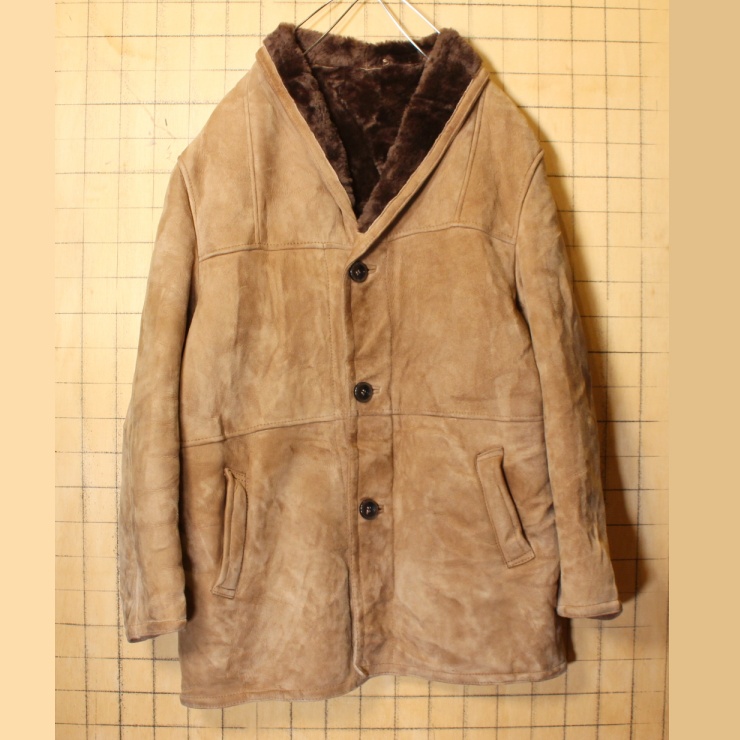 60s 70s THE BEST Original Shearling シープスキン ムートン レザージャケット ファー ブラウン メンズL相当 コート ヨーロッパ古着