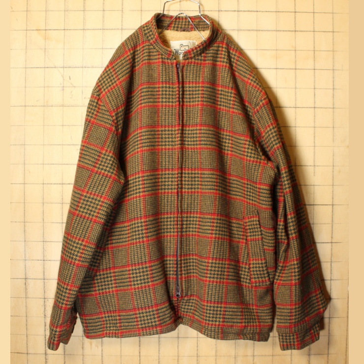 70s USA製 Woolrich チェック ウール ジャケット ボアライナー メンズXL ライトブラウン レッド ウールリッチ アメリカ古着