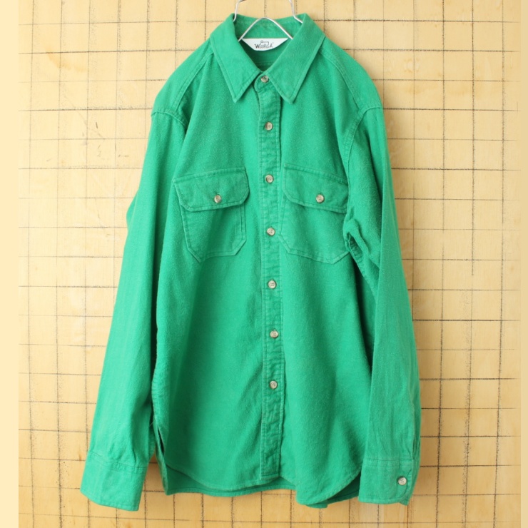 70s 80s USA Woolrich コットン シャモアクロス シャツ グリーン メンズL相当 長袖 アメリカ古着