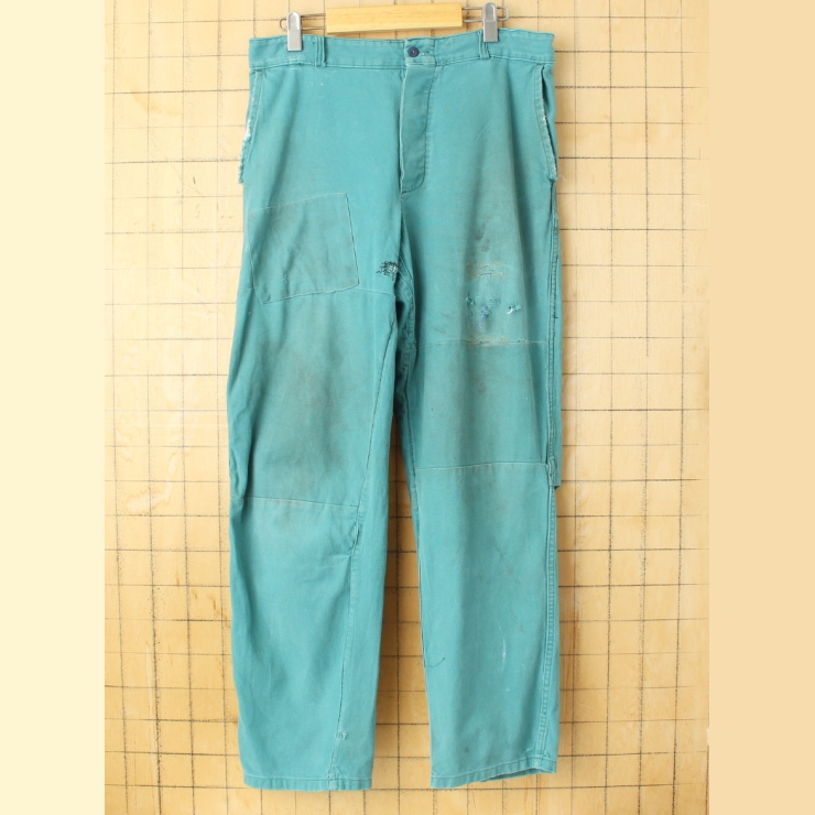 60s 70s フランス コットンツイル ワークペインターパンツ W33相当 グリーン ユーロ ヨーロッパ古着