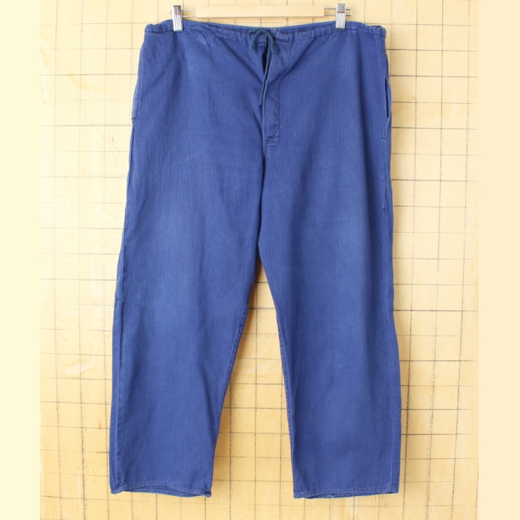 60s 70s ユーロ getzner ヘリンボーンコットンツイル ワークペインターパンツ W36相当 ネイビー ブルー ヨーロッパ古着