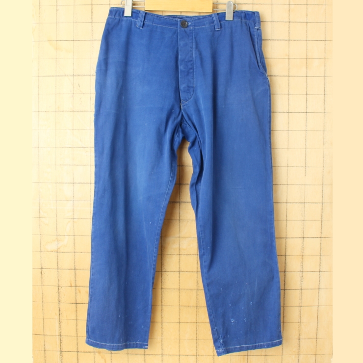 60s 70s ユーロ コットンツイル ワークペインターパンツ W33相当 ネイビー ブルー ヨーロッパ古着