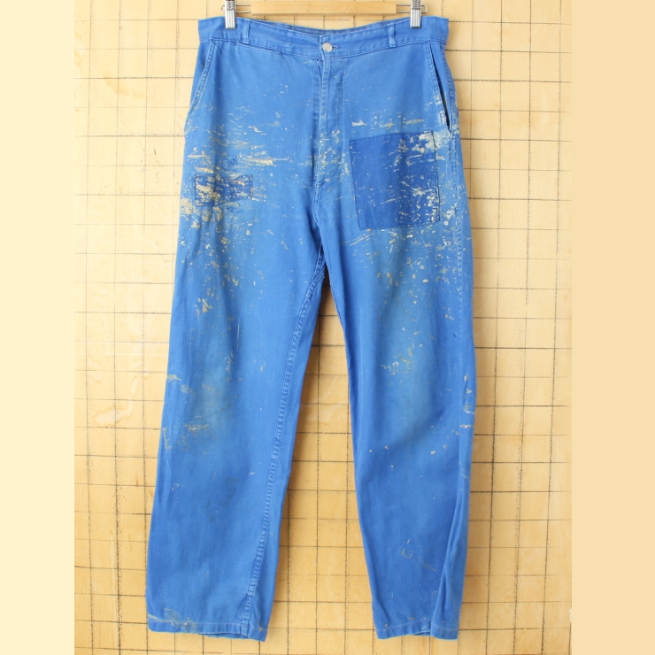 60s 70s フランス製 Adolphe Lafont コットンツイル ワークペインターパンツ W33相当 ブルー ユーロ ヨーロッパ古着