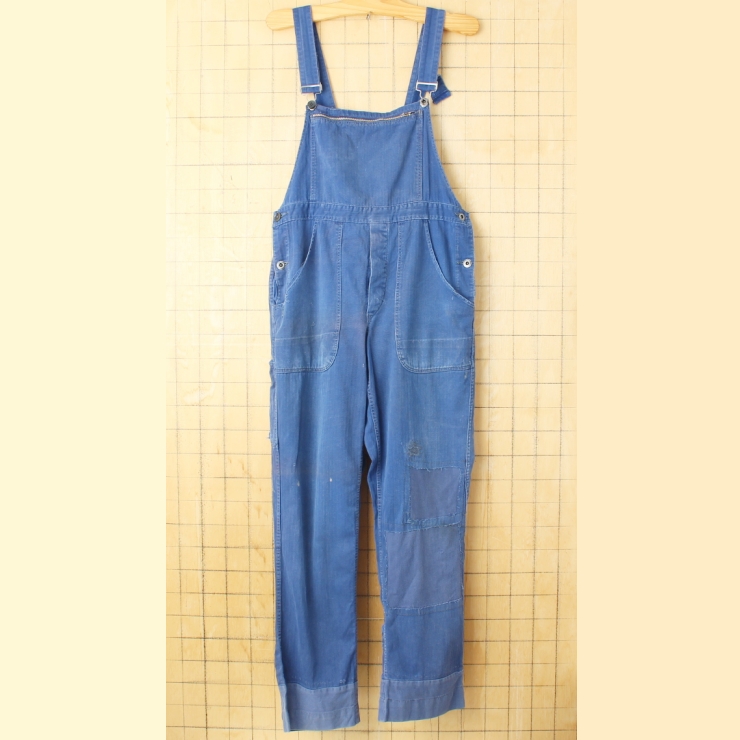 60s 70s ユーロ GREIFF ヘリンボーンコットンツイル ワークオーバーオール W32相当 ネイビー ブルー ペインター ヨーロッパ古着