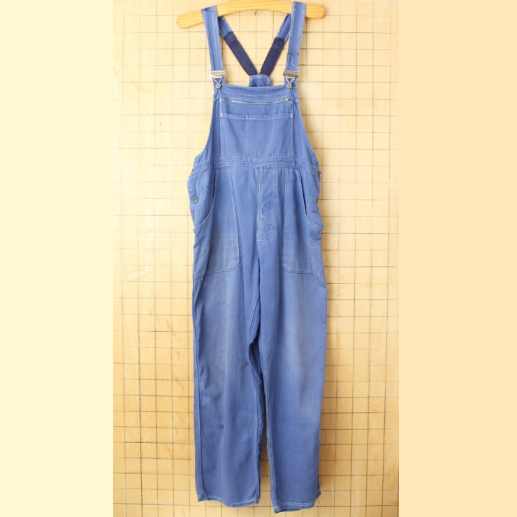 60s 70s ユーロ ヘリンボーンコットンツイル ワークオーバーオール W38相当 ネイビー ブルー ペインター ヨーロッパ古着