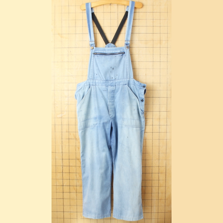 60s 70s ユーロ ヘリンボーンコットンツイル ワークオーバーオール W41相当 ネイビー ブルー ペインター ヨーロッパ古着