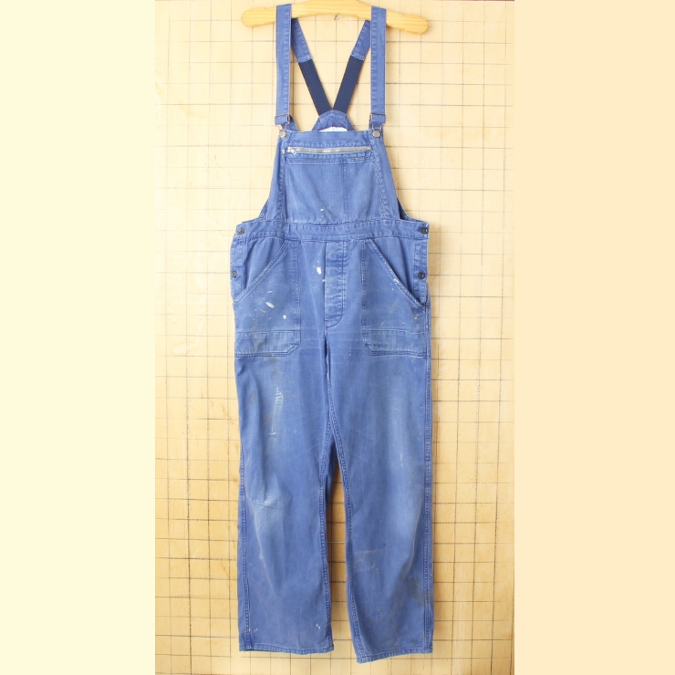 70s 80s ユーロ ヘリンボーンコットンツイル ワークオーバーオール W38相当 ネイビー ブルー ペインター ヨーロッパ古着