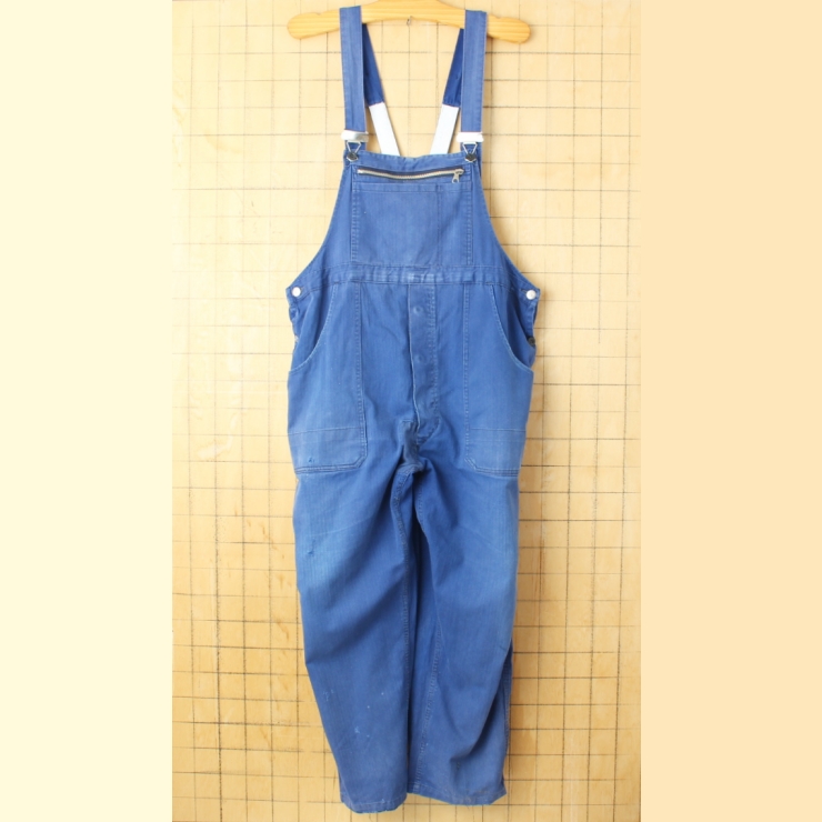 70s 80s ユーロ Bucking ヘリンボーンコットンツイル ワークオーバーオール W42相当 ネイビー ブルー ペインター ヨーロッパ古着