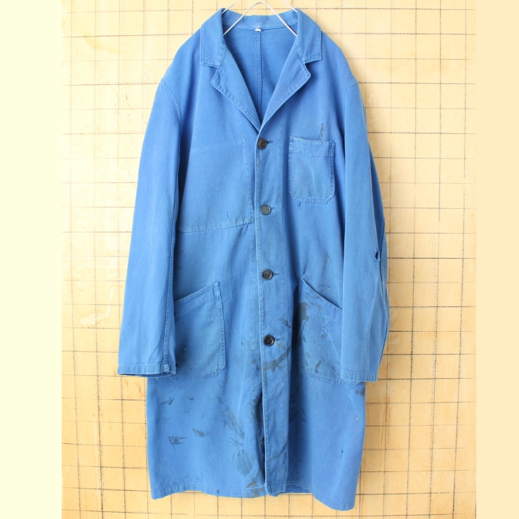 70s 80s フランス製 ダメージワークコート メンズM相当 ブルー ユーロ ヨーロッパ古着