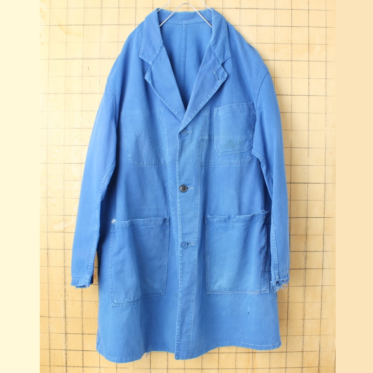 70s 80s フランス La  Seore ダメージワークコート メンズL相当 ブルー ユーロ ヨーロッパ古着