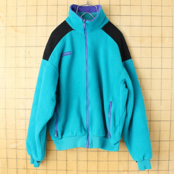 80s 90s Columbia コロンビア ジップアップフリースジャケット グリーン パープル レディースM アウトドア アメリカ古着