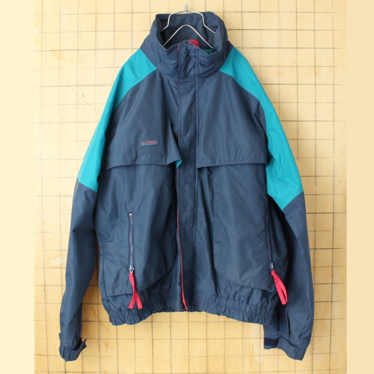 80s 90s Columbia Powder Keg ジップアップナイロンジャケット ネイビー グリーン メンズXL アウトドア アメリカ古着