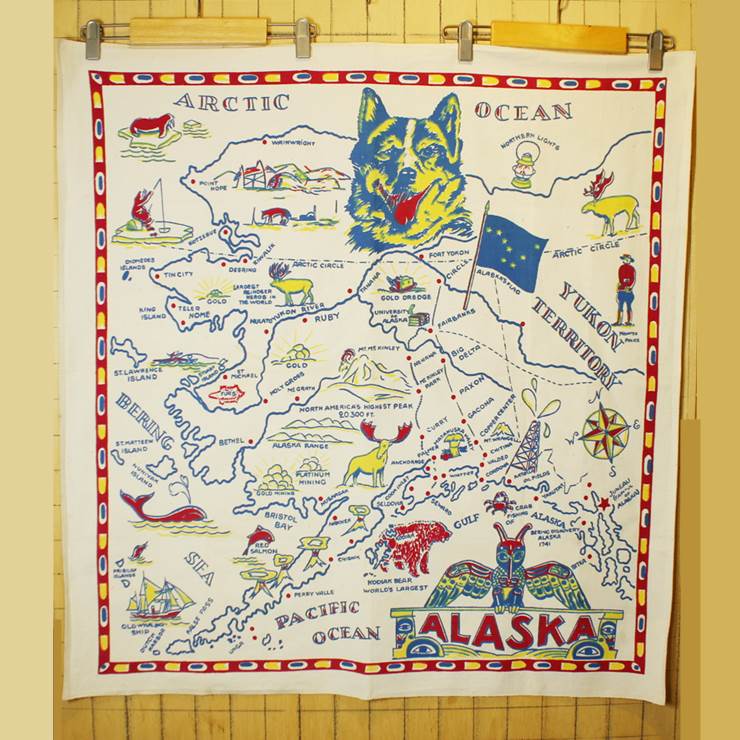 ヴィンテージ ALASKA アラスカ マップ キャンバス地 タペストリー 生地 テーブルクロス ファブリック アメリカ土産