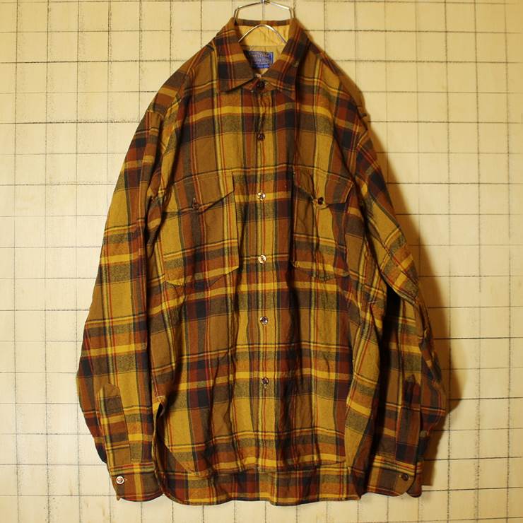 60s USA製 PENDLETON ペンドルトン ウール チェック シャツ ブラウン 長袖 メンズSM相当 古着