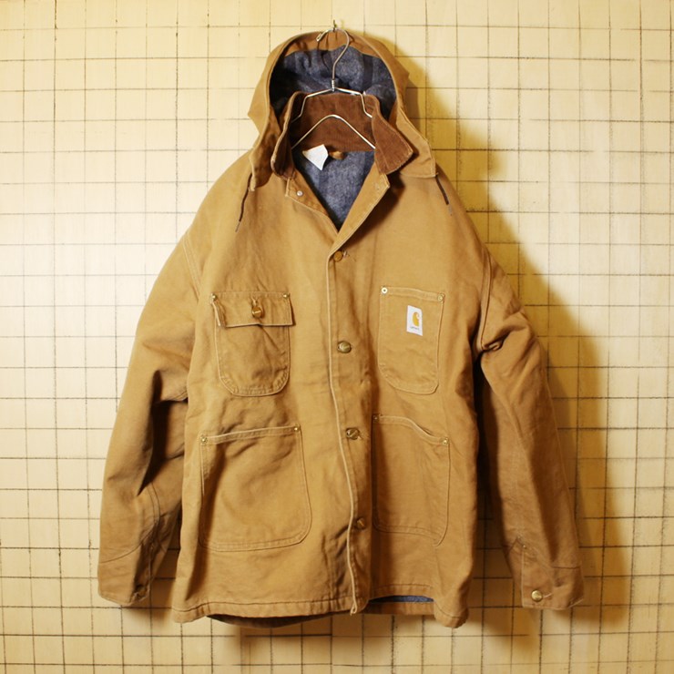 USA製 Carhartt カーハート 古着 ライトブラウン ダックジャケット フード付き 裏地ブランケット メンズXL相当 ビッグサイズ ata3