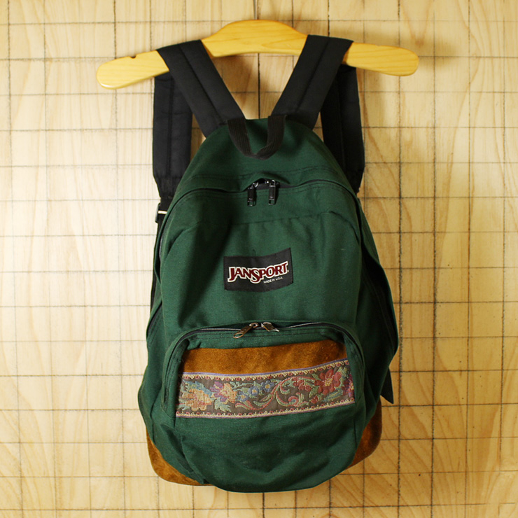 JANSPORT/USA製USED/グリーン/ナイロンキャンバス/花柄チロリアンテープ/ボトムレザーリュックサック・デイパック/bar32