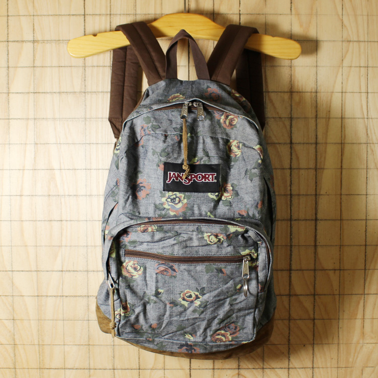 JANSPORT/USED/ネイビー・花総柄/デニム/ライト パック エクスプレッションズ/ボトムレザーリュックサック・デイパック/bar34