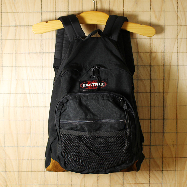 EASTPAK/90'sUSA製USED/ブラック/ナイロンキャンバス/ボトムレザーリュックサック・デイパック/bar45