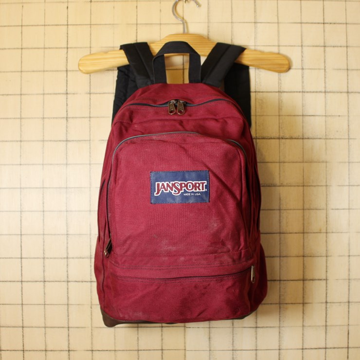 JANSPORT ジャンスポーツ USA製 USED 中古 ナイロンキャンバス ボトムレザー  エンジ リュックサック ディパック アメリカ古着 bar62