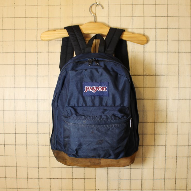 JANSPORT ジャンスポーツ USED 中古 ナイロンキャンバス ボトムスウェードレザー  ネイビー リュックサック ディパック 古着 bar64