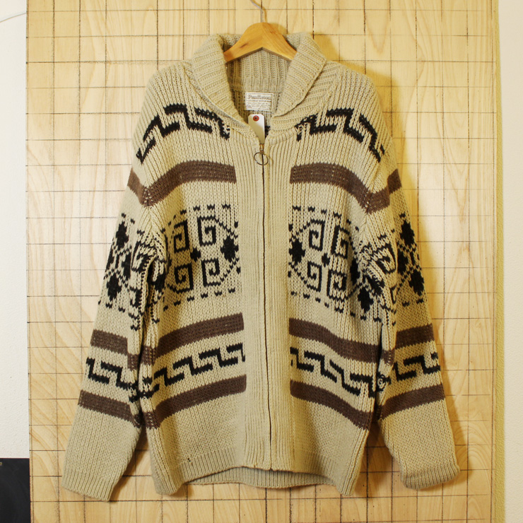 【PENDLETON】USA製ビンテージ80s古着ベージュウールジップアップカウチンカーディガン|メンズL