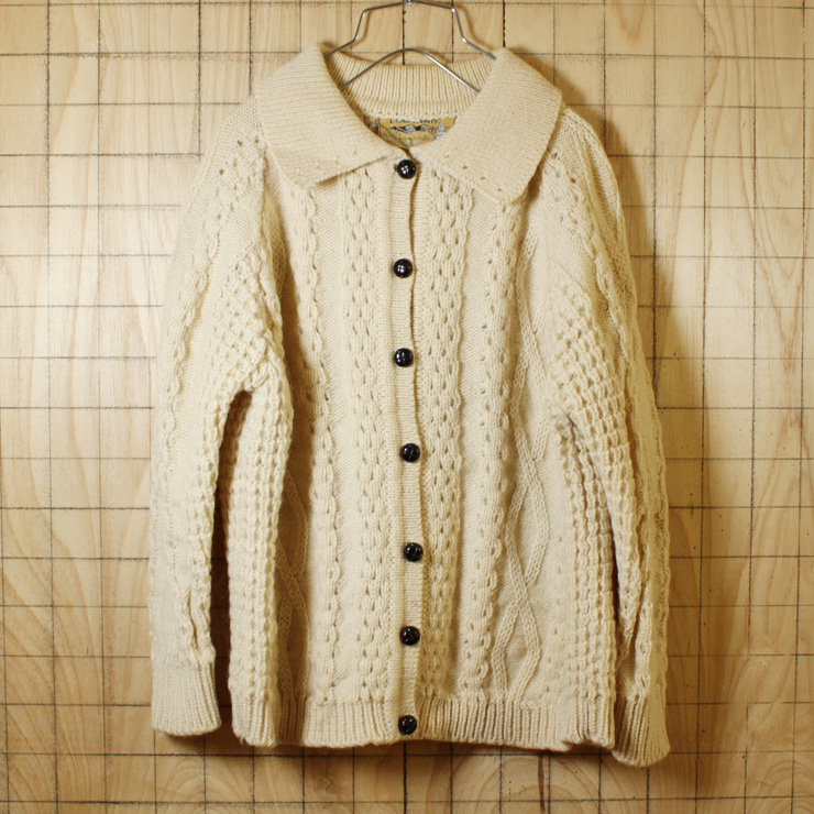 Clady knit/アイルランド製古着/オフホワイト/襟付きニットフィッシャーマンカーディガン/レディースL相当 / 古着屋ataco garage