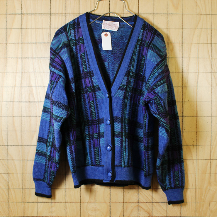 PENDLETON/USA製古着/ブルー×パープル×グリーン/チェック柄ピュアバージンウール100%ニット・カーディガン/レディースL