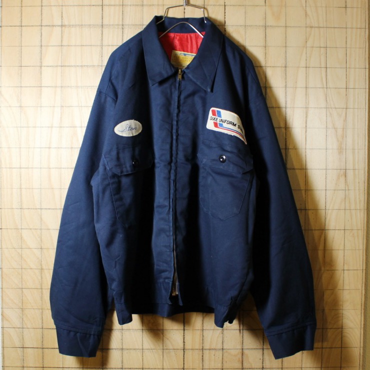 WORK WEAR/USA製古着/ネイビー/ワッペン/裏地キルティング/SCOVILLジップアップワークジャケット/メンズL