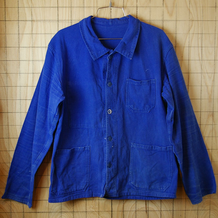 ビンテージヨーロッパ古着フランス製ロイヤルブルーユーロワークシャツ・ジャケット|cb-35