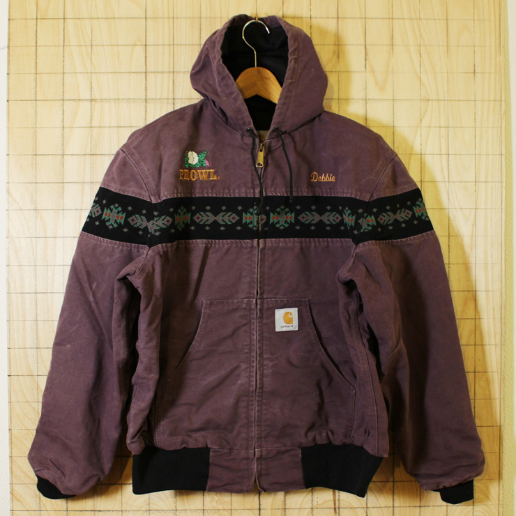 【carhartt】USA製古着パープルネイティブ柄ダックワークパーカージャケット・ブルゾン|メンズL相当|