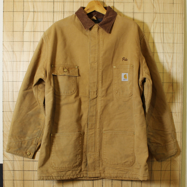 【carhartt】USA製古着ブラウン(茶)ダックOG+E electric services刺繍入り裏地ブランケットワークカバーオール・ジャケット|メンズLサイズ相当