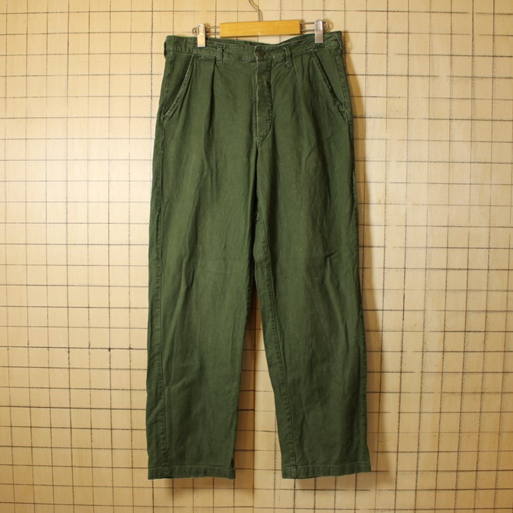70s ヴィンテージ スウェーデン軍 ミリタリー コットン ユーティリティ タック パンツ W32相当 ボタンフライ cop103