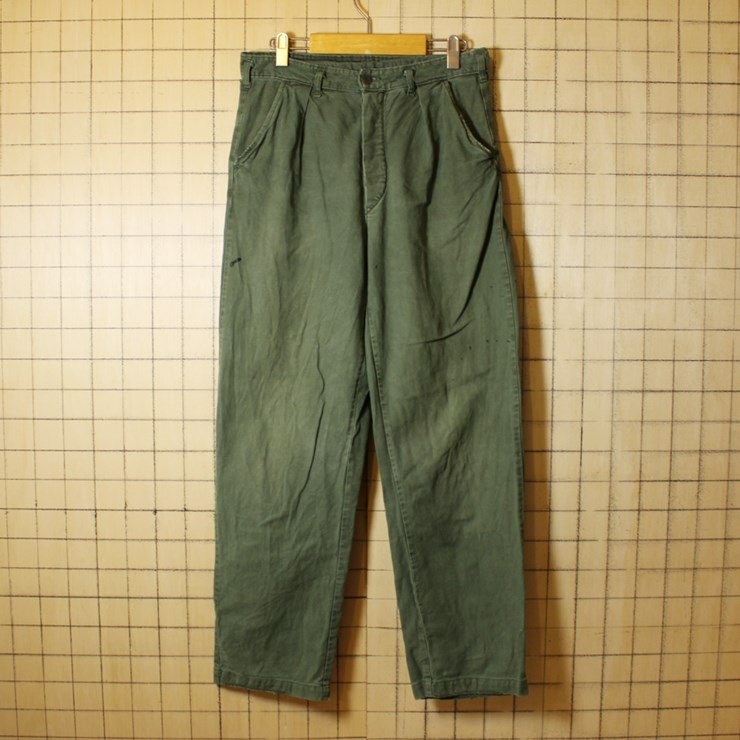 70s ヴィンテージ スウェーデン軍 ミリタリー コットン ユーティリティ タック パンツ W31相当 ボタンフライ cop104
