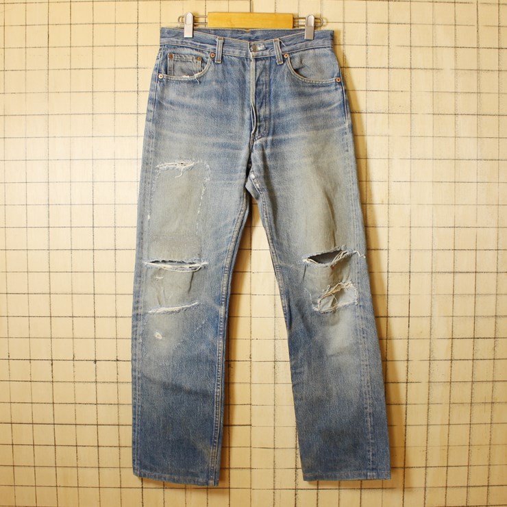 Levis リーバイス 501xx ダメージ 穴あき ジーンズ デニム パンツ USA製 古着 ブルー W30